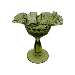 Vintage Fenton Green Glass Thumbnail Pedestal Candy Dish Compote Crimped Ruffle
